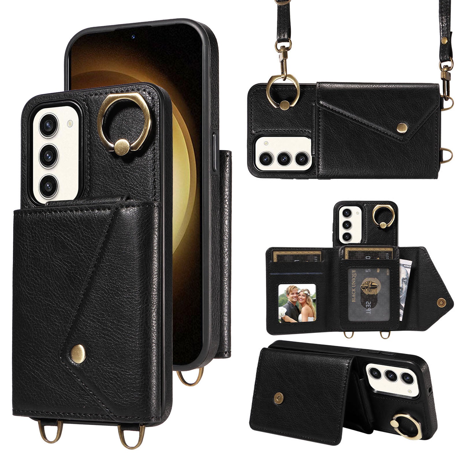 002 For Samsung Galaxy S23 Card Bag Design Ring Kickstand Cellphone Cover Litchi Texture Leather TPU Phone Case with Shoulder Strap 002 For Samsung Galaxy S23 Card Bag Design Ring Kickstand Cellphone Cover Litchi Texture Leather TPU Phone Case with Shoulder Strap
